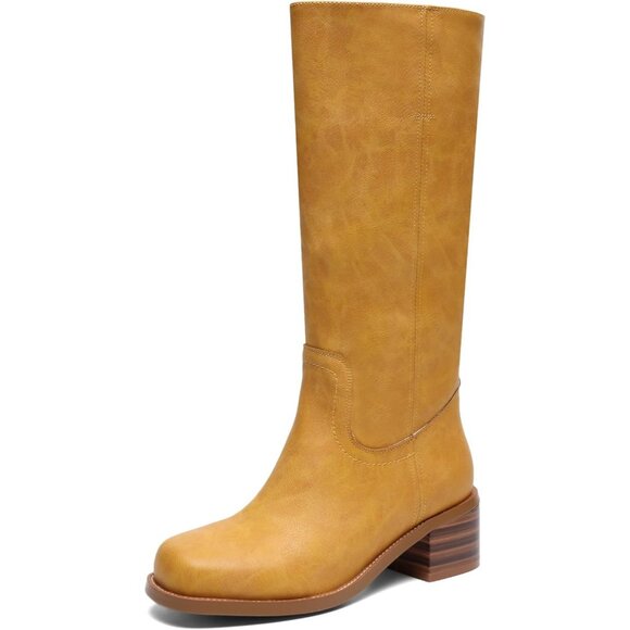 Women's Tan Knee High Boots Square Toe Chunky Block Heel Long Boots Comfortable - Picture 1 of 6